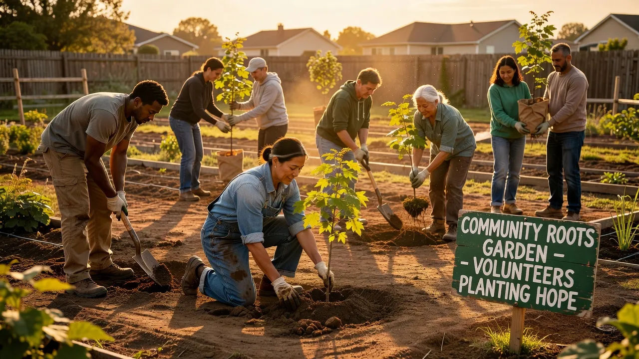 Volunteers planting trees at golden hour