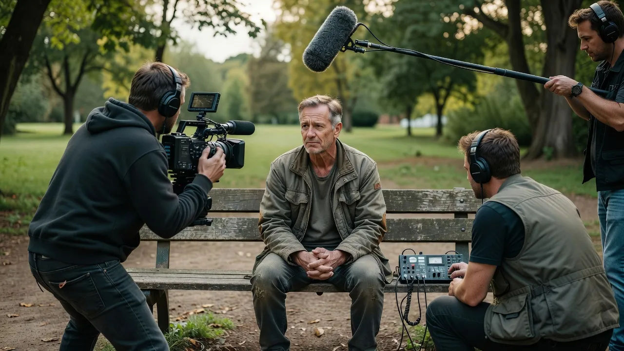 Crew filming an impact interview outdoors