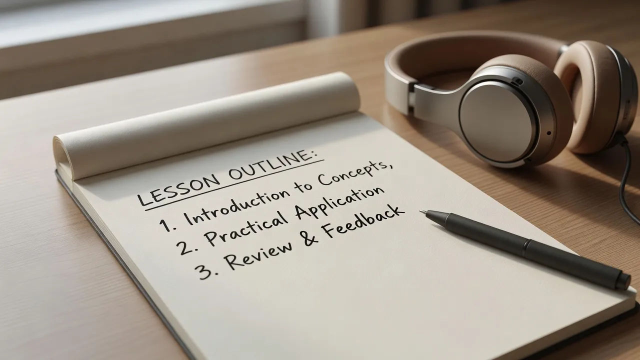 Lesson outline with a pen and headphones