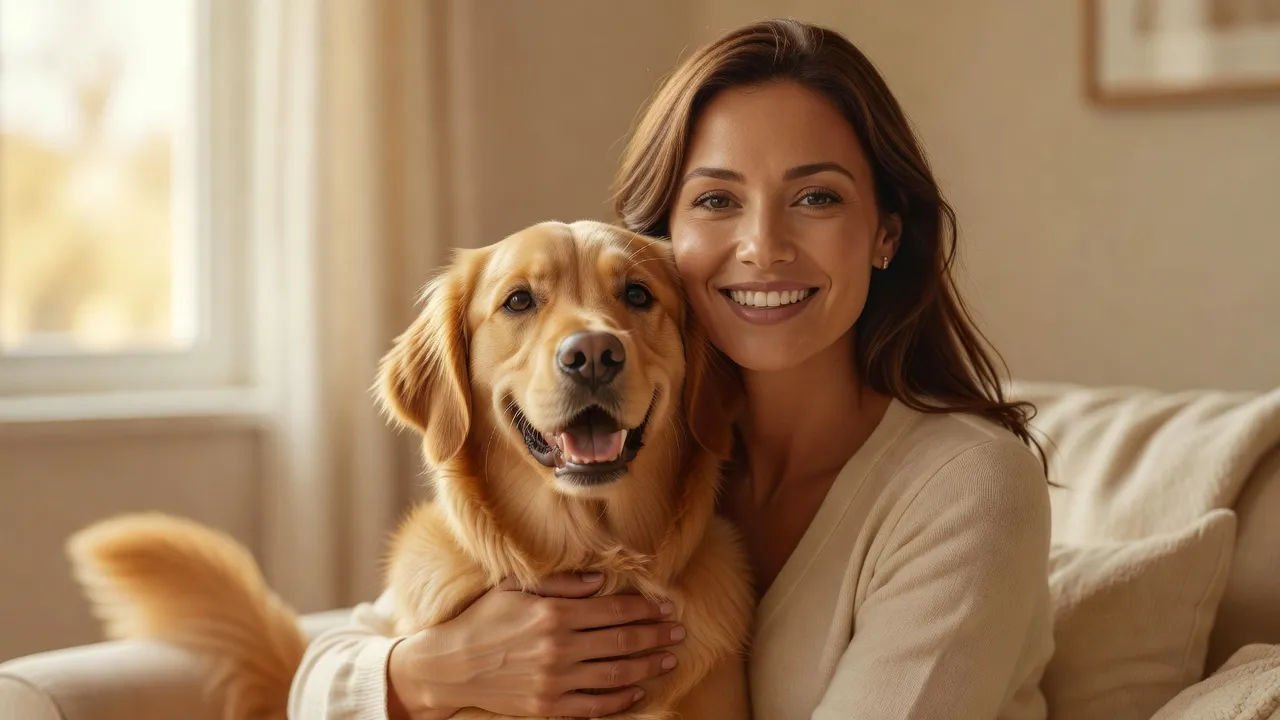 Host holding a happy dog on camera