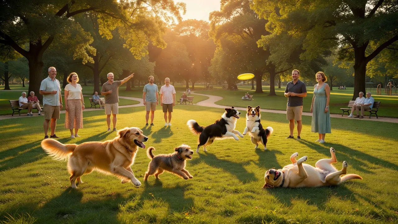Sunny park with dogs playing