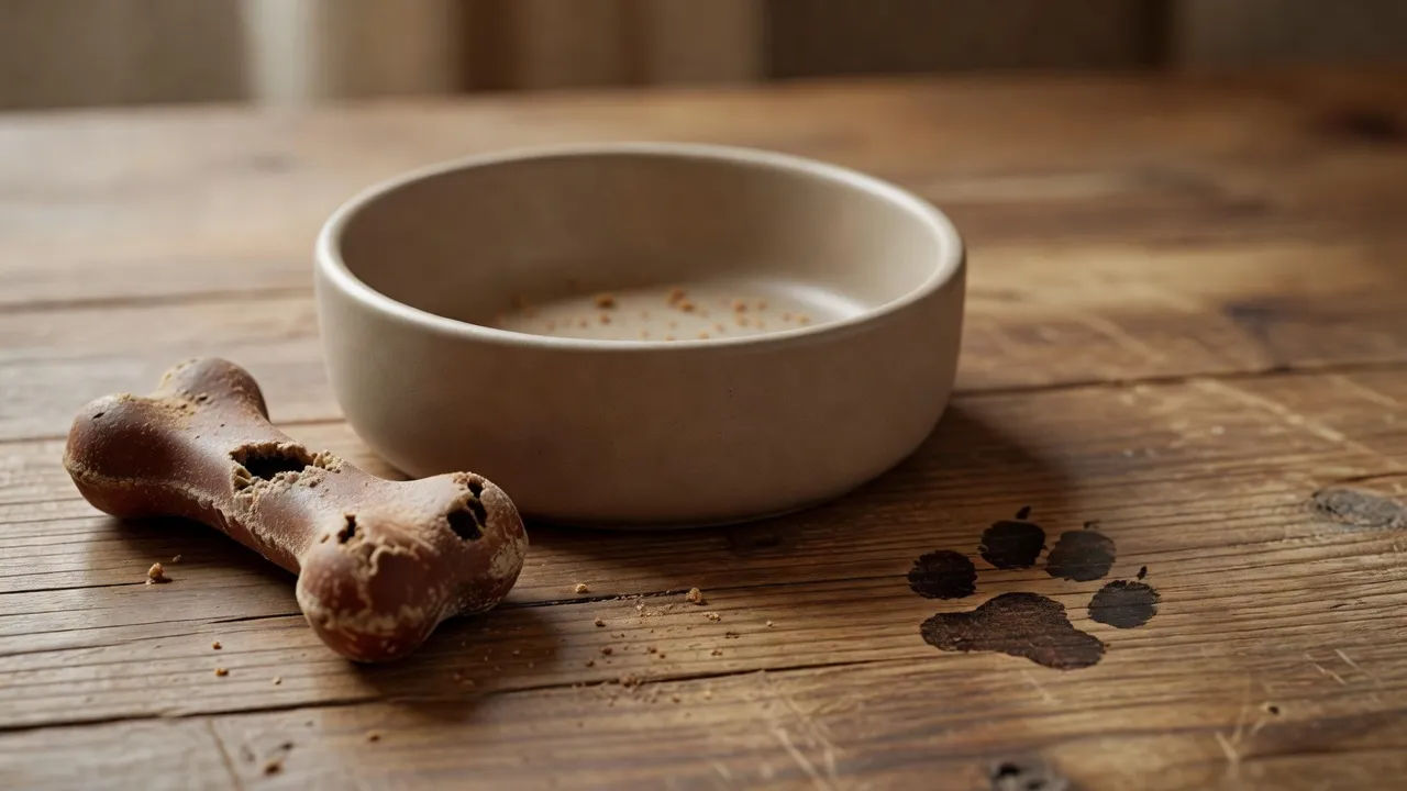 Pet-food bowl and chew toy on wood
