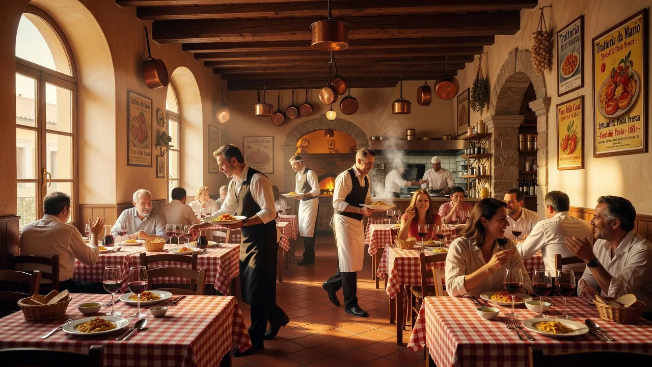Bustling trattoria at golden hour