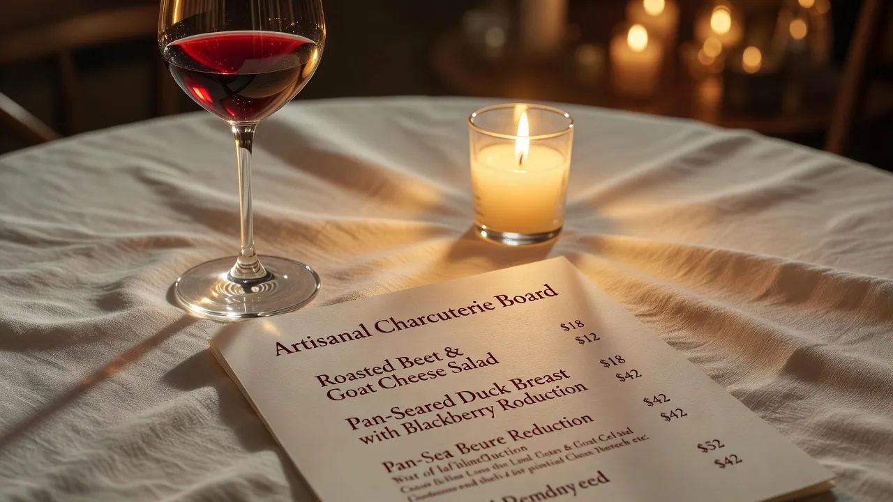 Printed menu, wine glass and candle