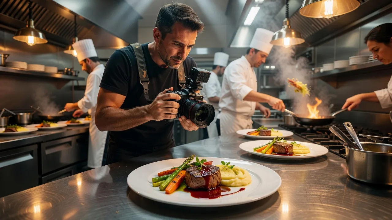 Videographer filming a plated dish