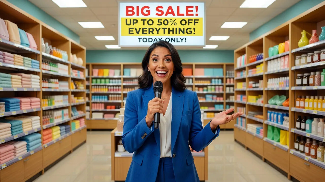 Host announcing a sale in a store aisle