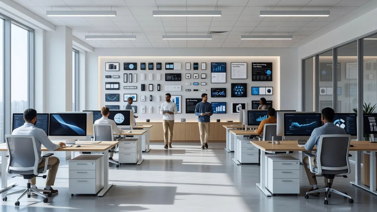 Modern startup office with a product wall