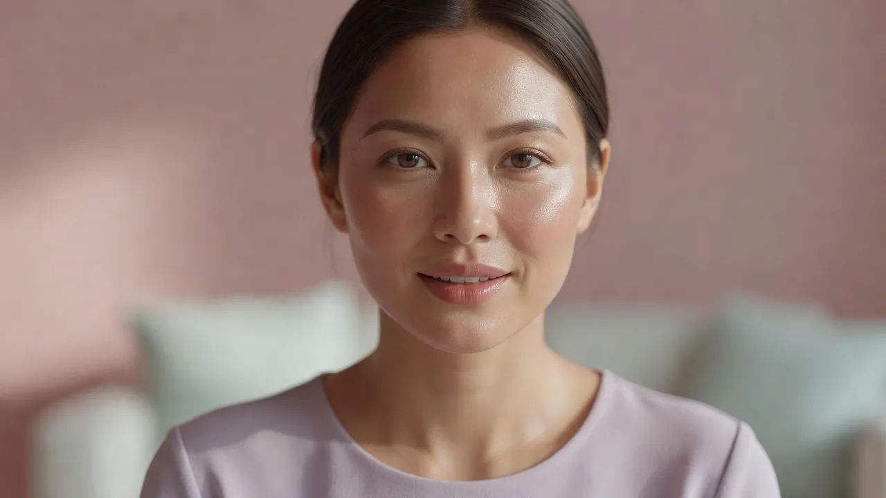 Gentle host with dewy skin on camera
