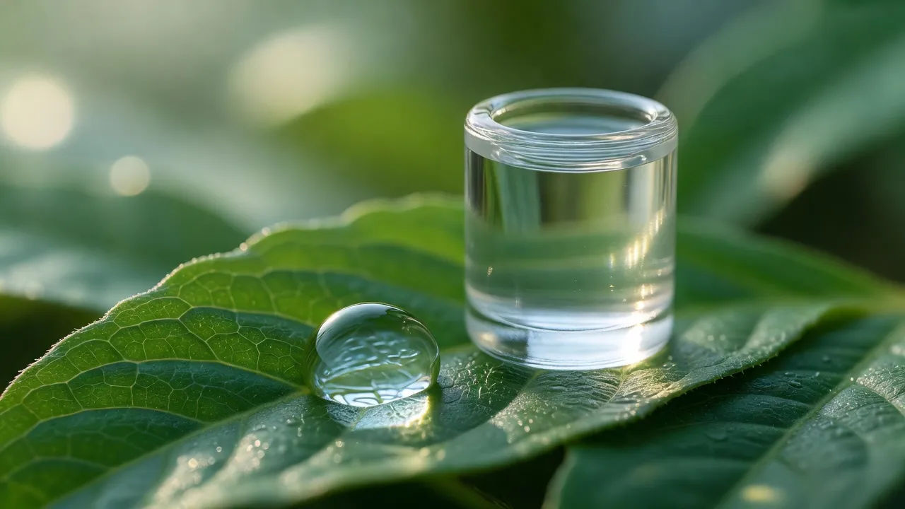 Glass serum bottle and a water droplet