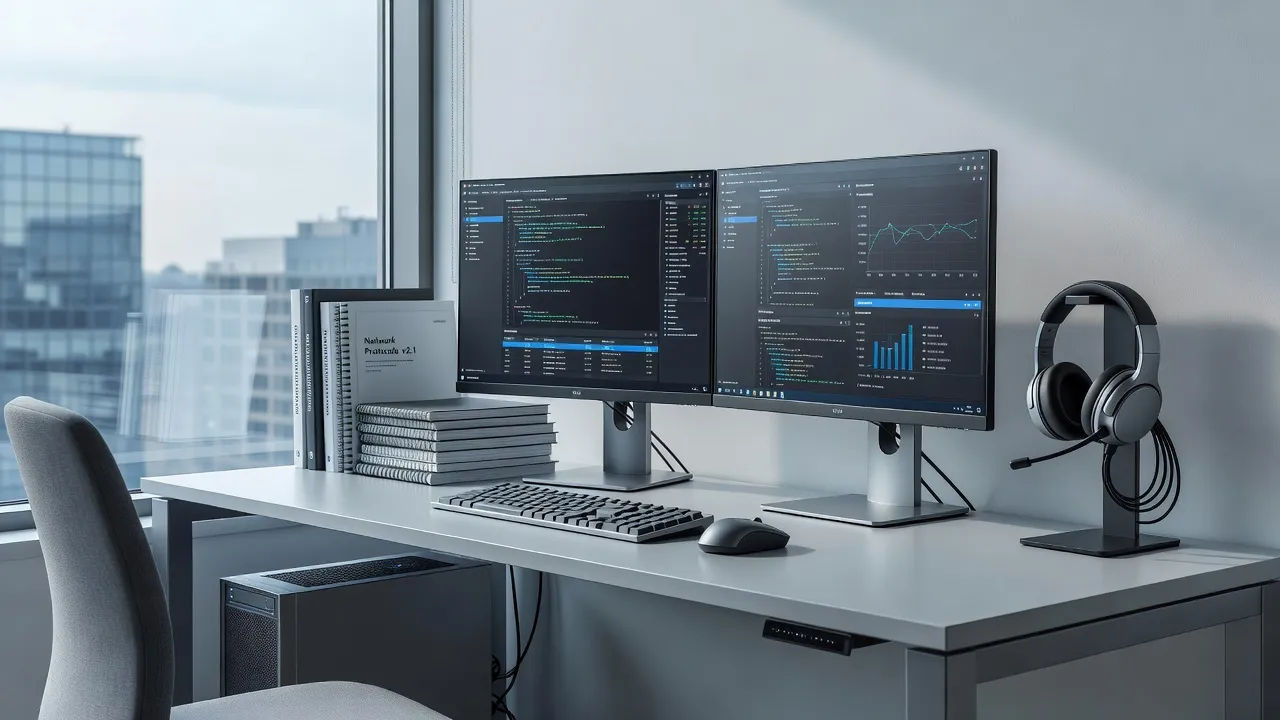 Tidy tech support desk with dual monitors