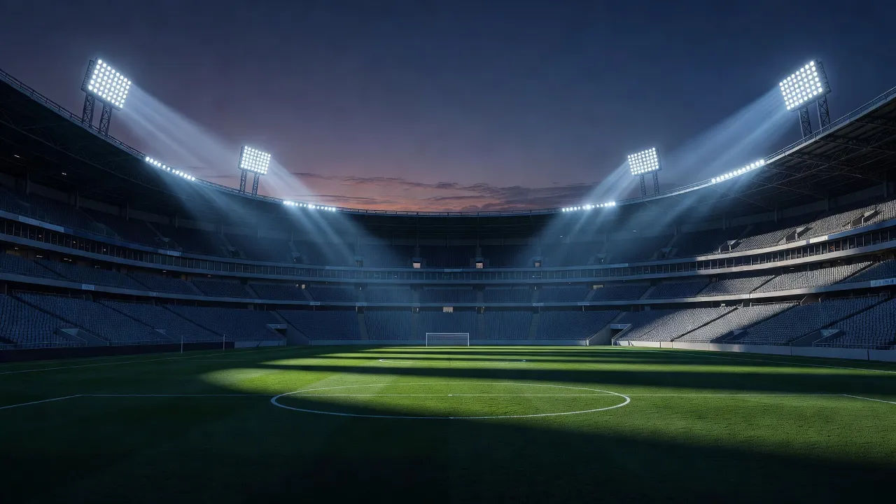 Empty floodlit stadium at dusk