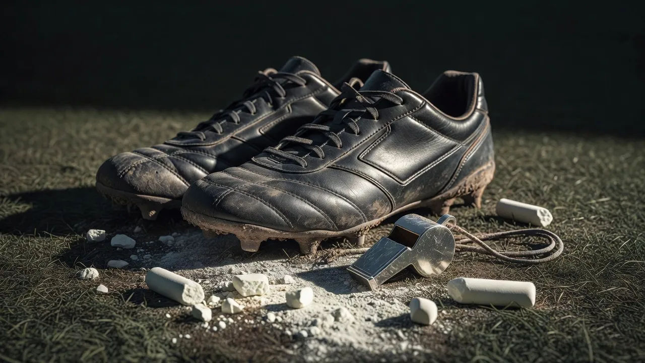 Cleats, whistle and chalk on turf