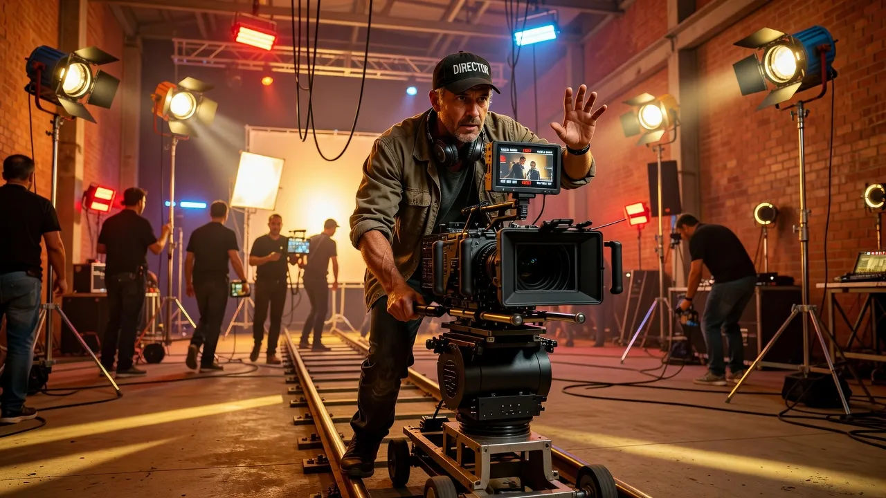 Director filming a hype reel on a track