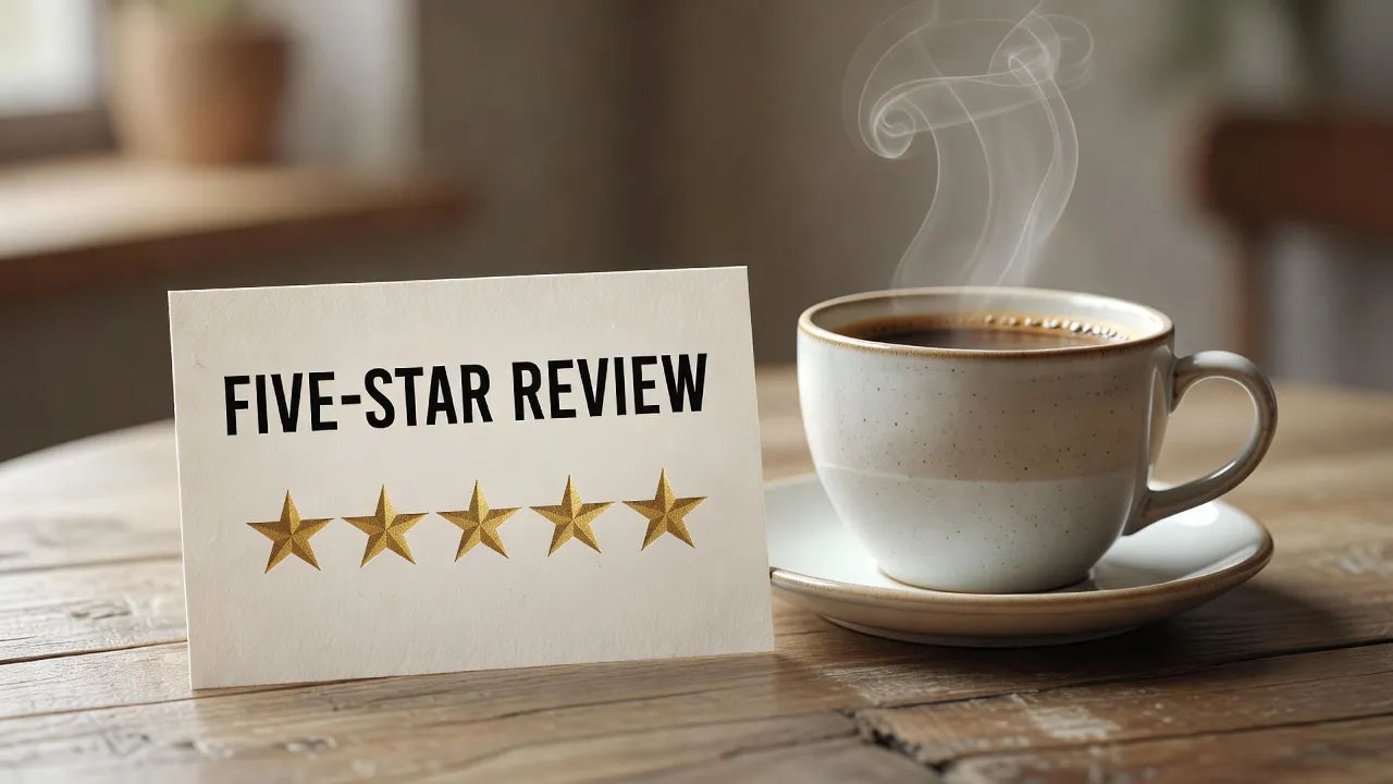 Five-star review card and a coffee cup