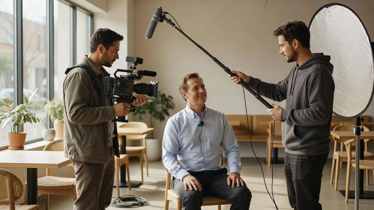 Crew filming a customer interview