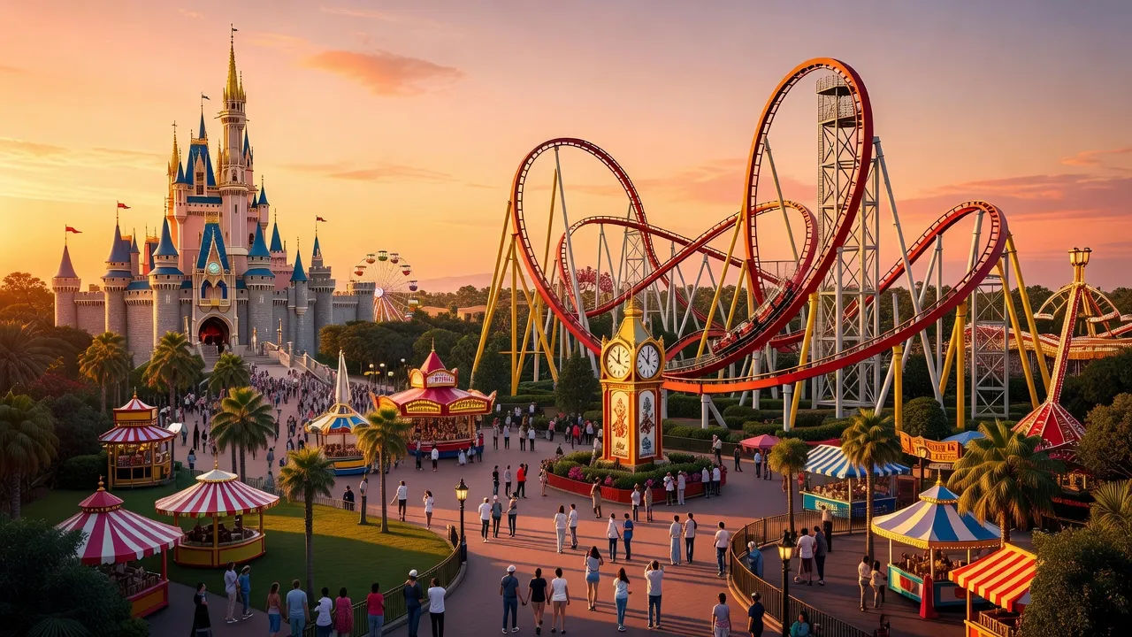 Theme park with a roller coaster at golden hour