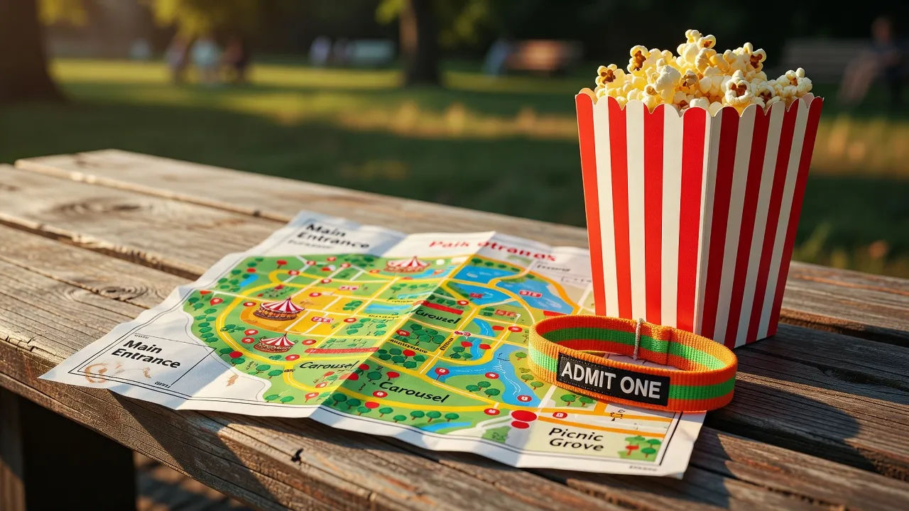 Park map, wristband and popcorn box
