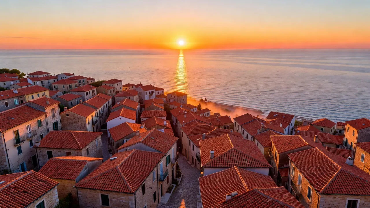Coastal old town with the sea at sunrise