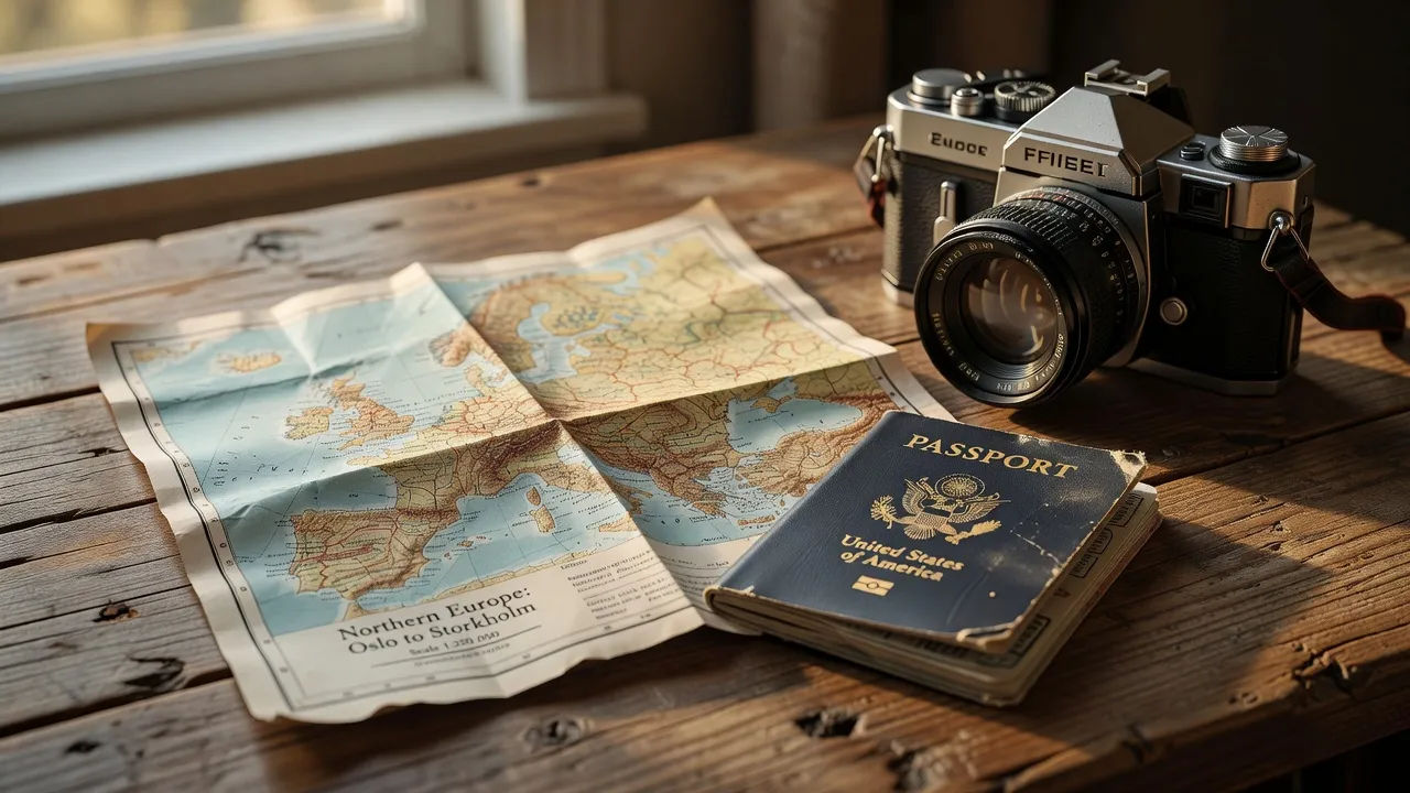 Travel map, passport and vintage camera