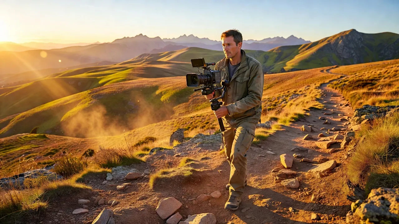 Travel filmmaker shooting a landscape