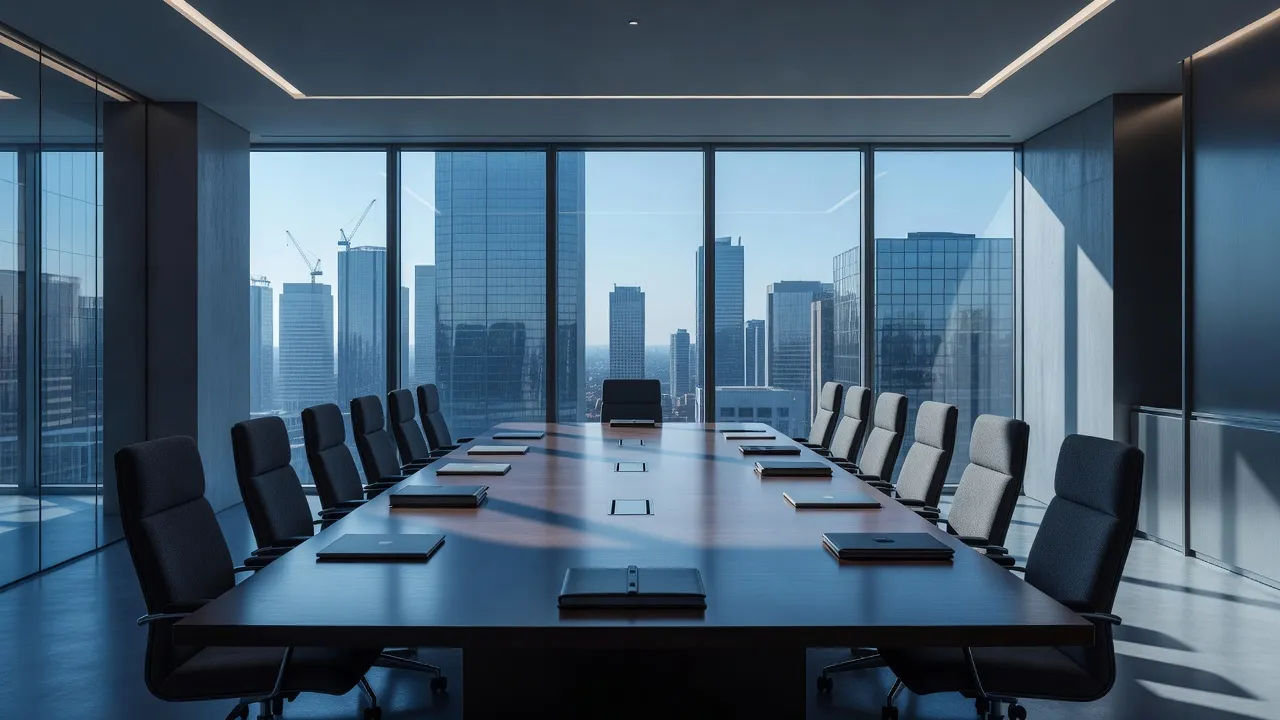 Sleek investor meeting room with a city view