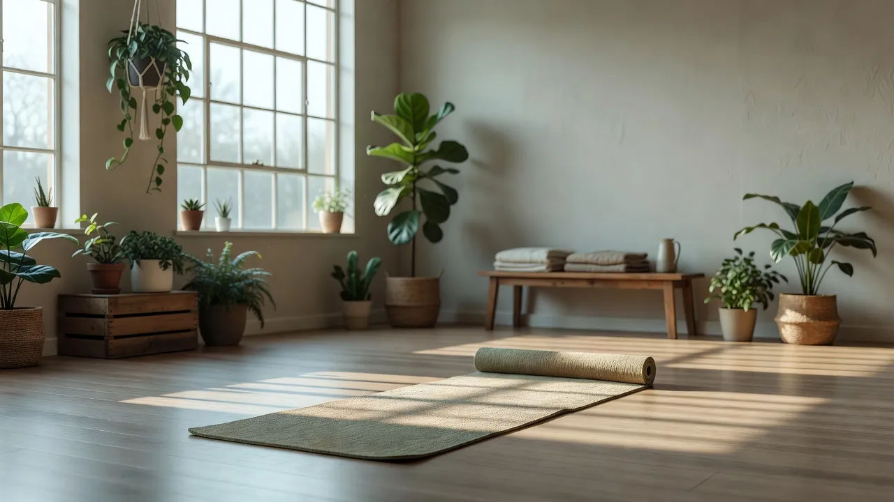 Tranquil studio with a yoga mat and plants