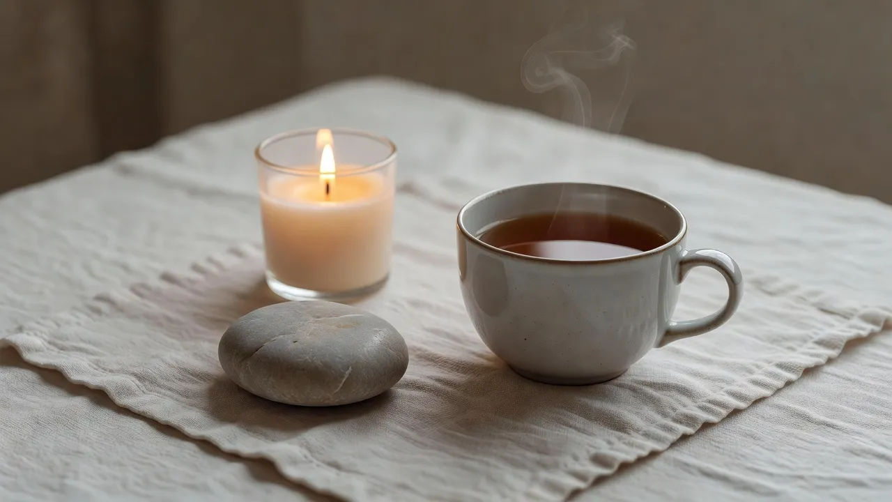 Candle, smooth stone and cup of tea