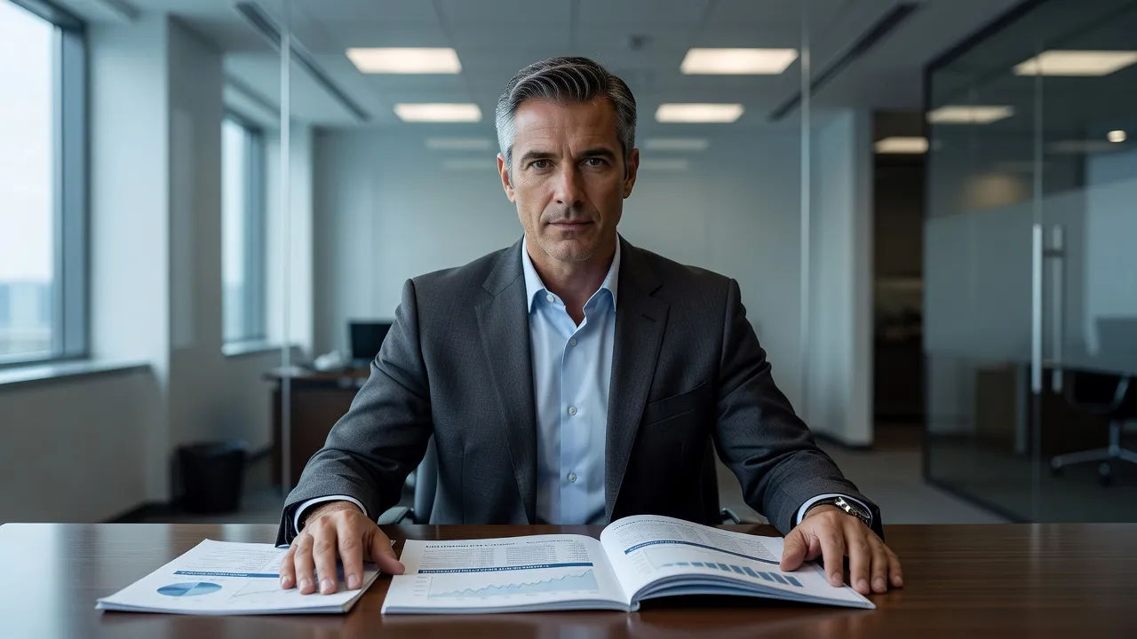 Analyst speaking at a desk with a report
