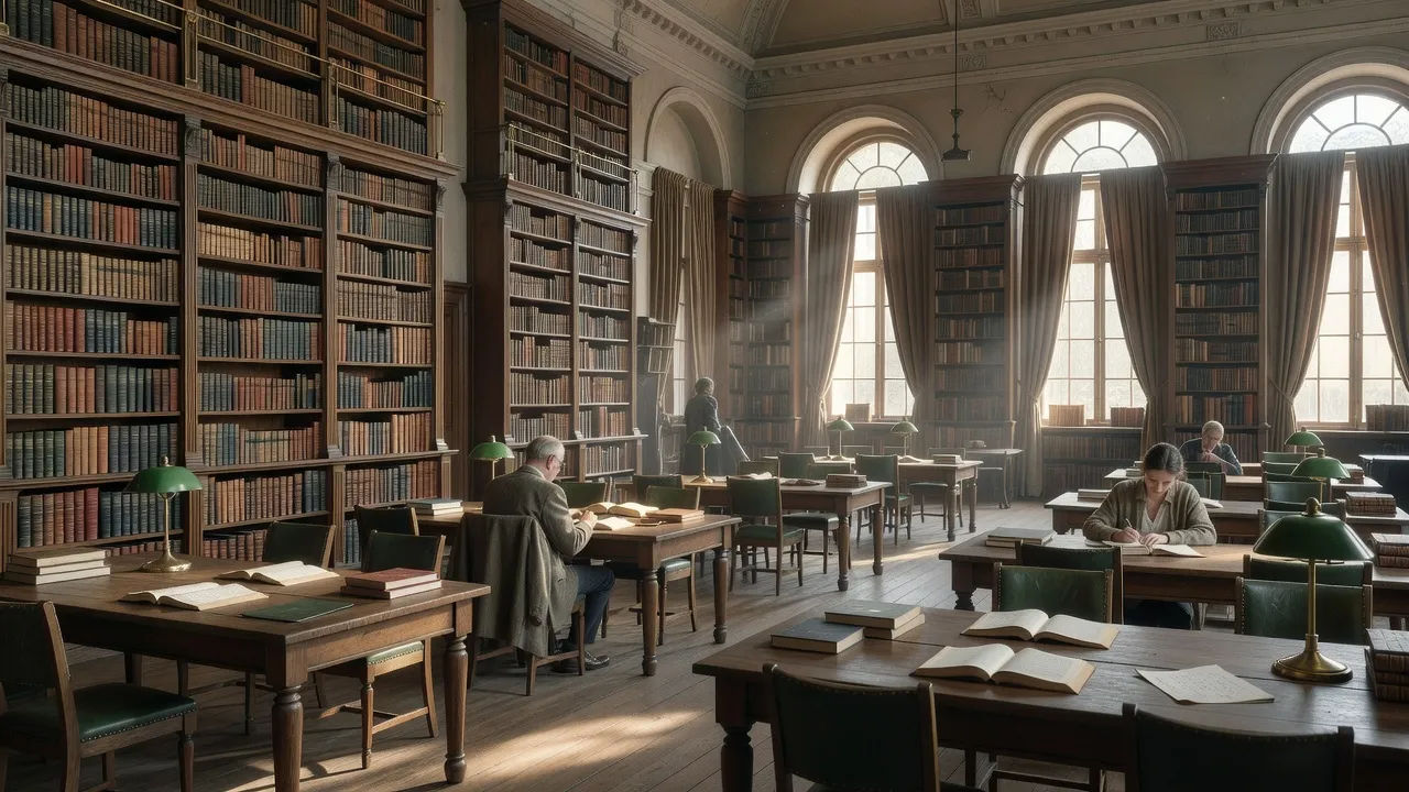 Quiet research library with tall shelves