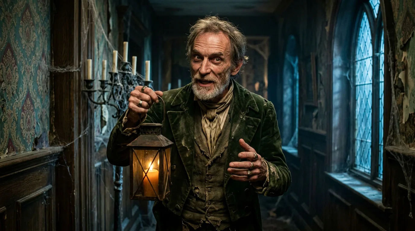 Lantern-lit storyteller speaking in a haunted mansion hallway