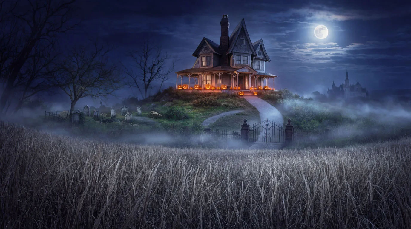 Victorian house on a foggy hill lined with glowing pumpkins