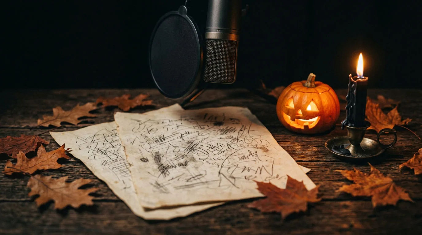 Script pages, microphone, and a glowing jack-o-lantern by candlelight