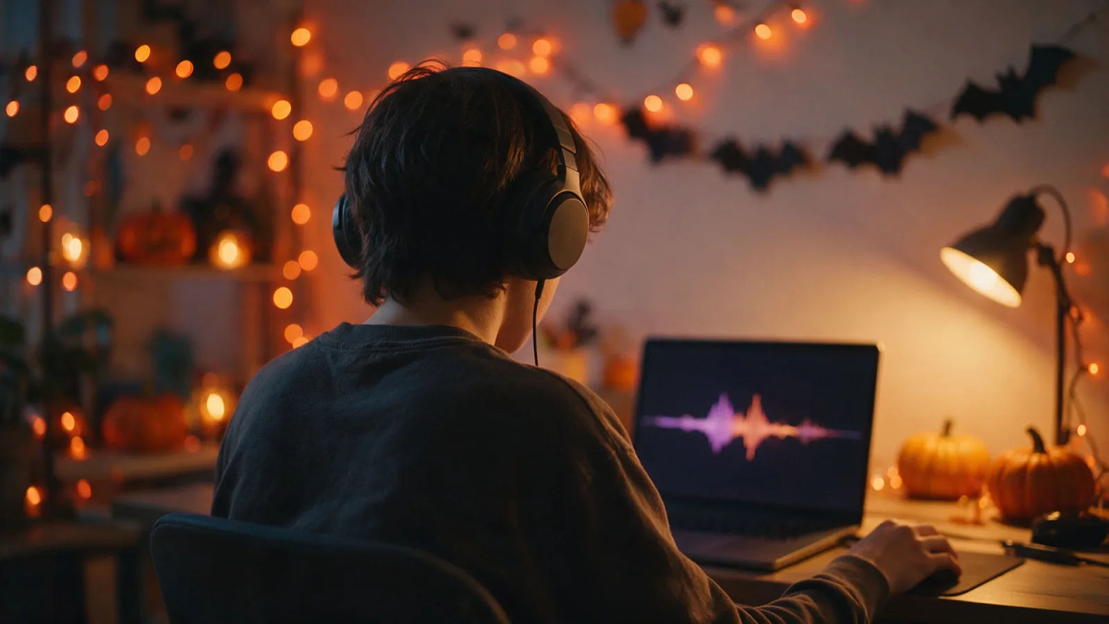 Creator in headphones editing a voice in a Halloween-lit room