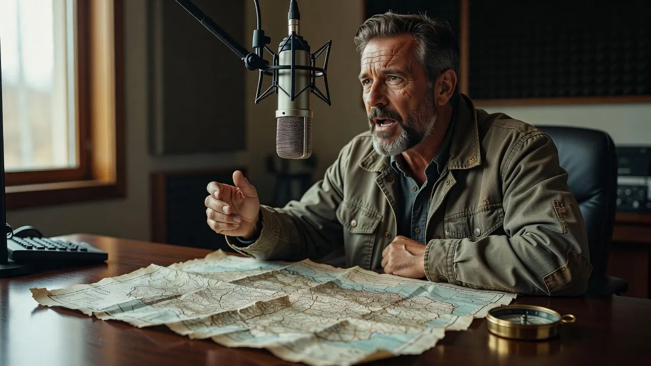 Narrator mid-line at a mic, a rugged map and compass on the desk