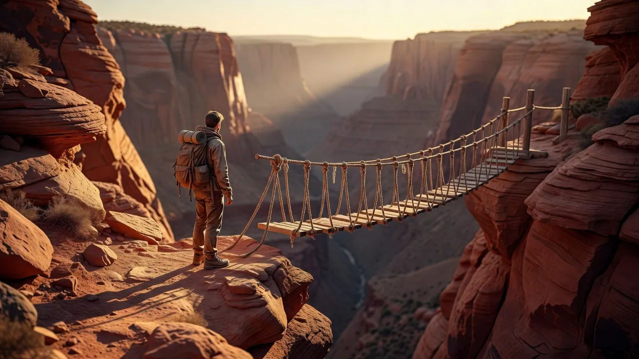 Cliff-edge trail over a canyon at golden hour, rope bridge ahead