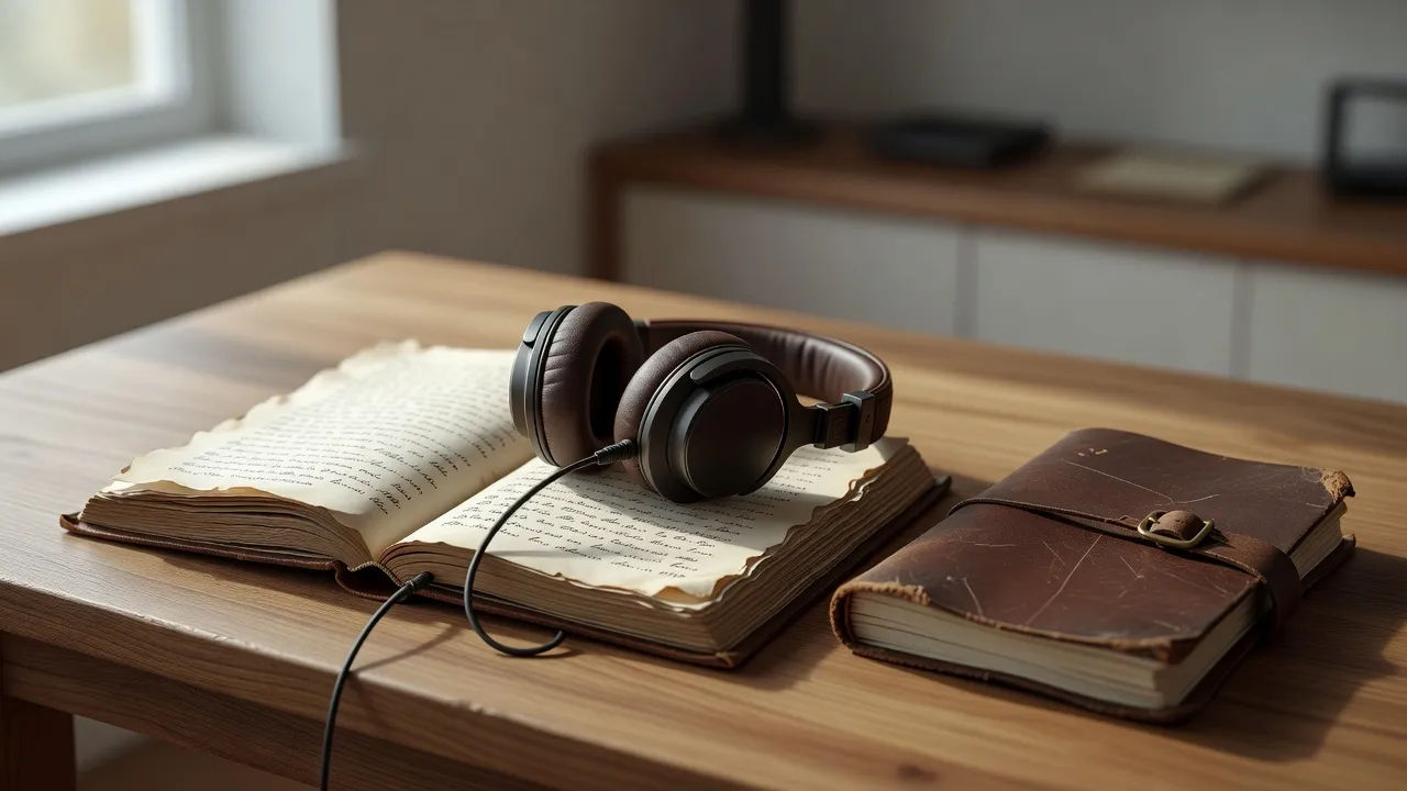 Adventure manuscript beside headphones, a worn leather journal nearby