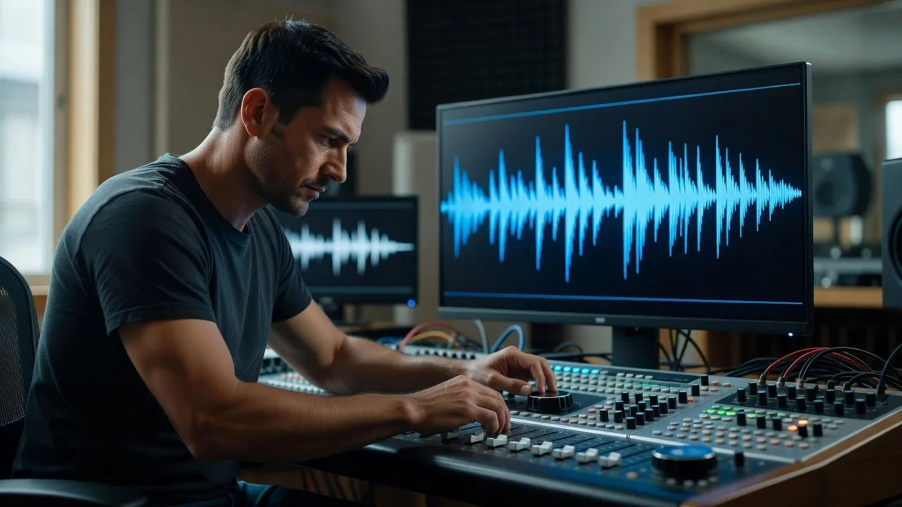 Sound designer at a console with a bold, punchy waveform on screen