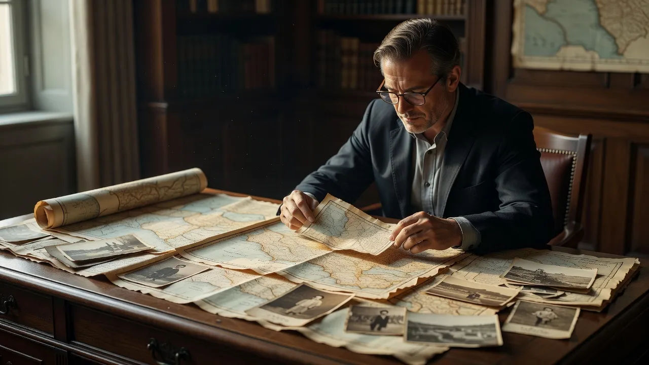 Narrator at a desk of old maps and archival photographs under warm light