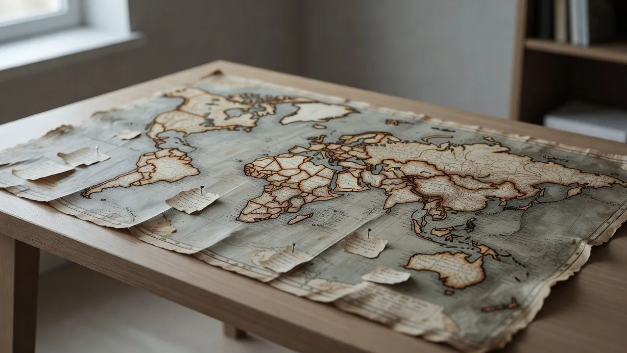 A weathered world map with redrawn borders and pinned timeline notes