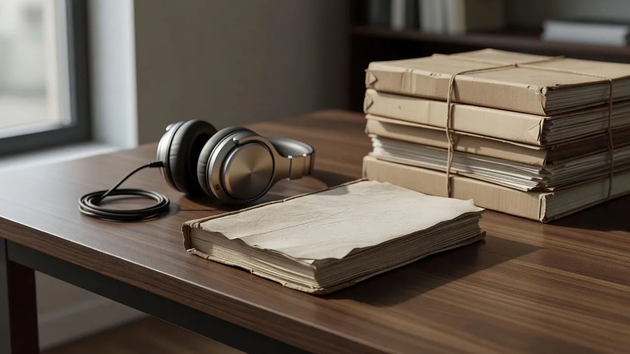 Alternate history manuscript beside headphones and a stack of archival files