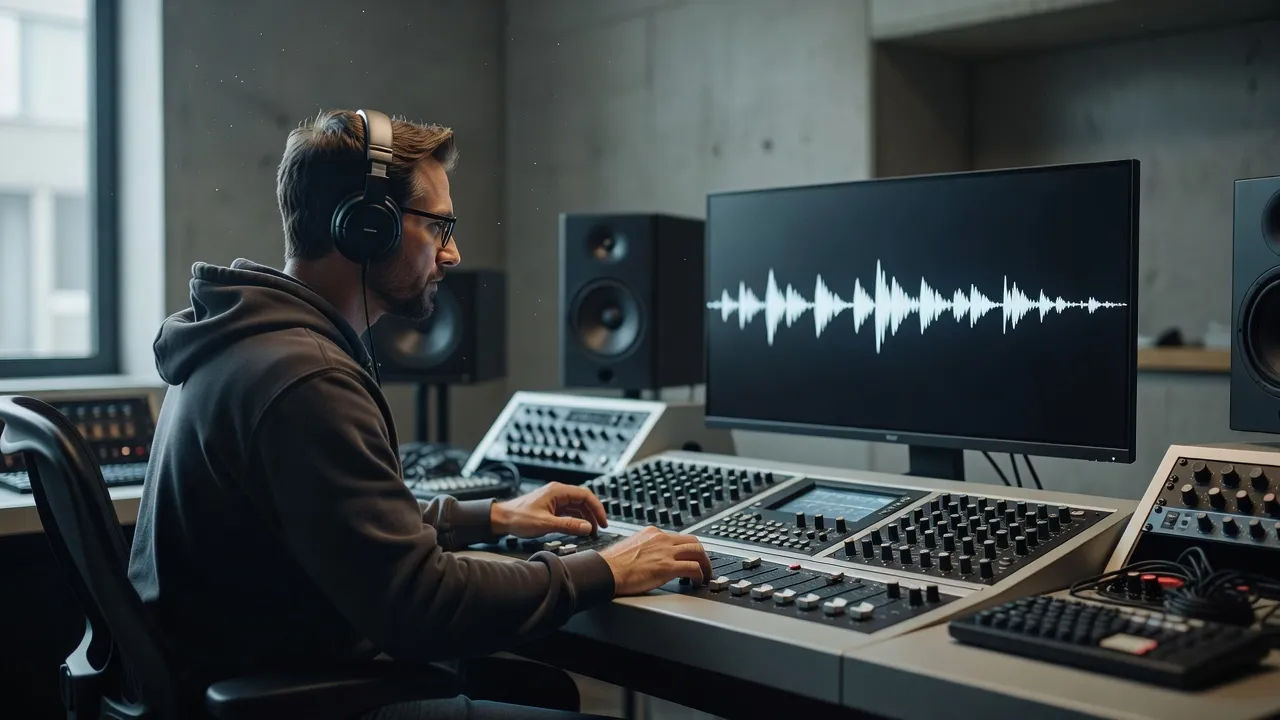 Sound designer at a console with a steady, documentary waveform on screen