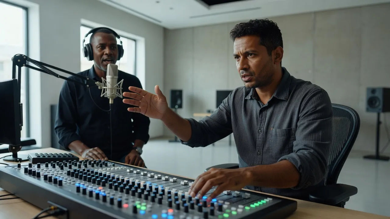 Sound designer directing an Amharic voice at a console
