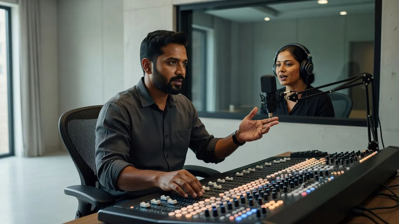 Sound designer directing a Bangladeshi English accent voice at a console
