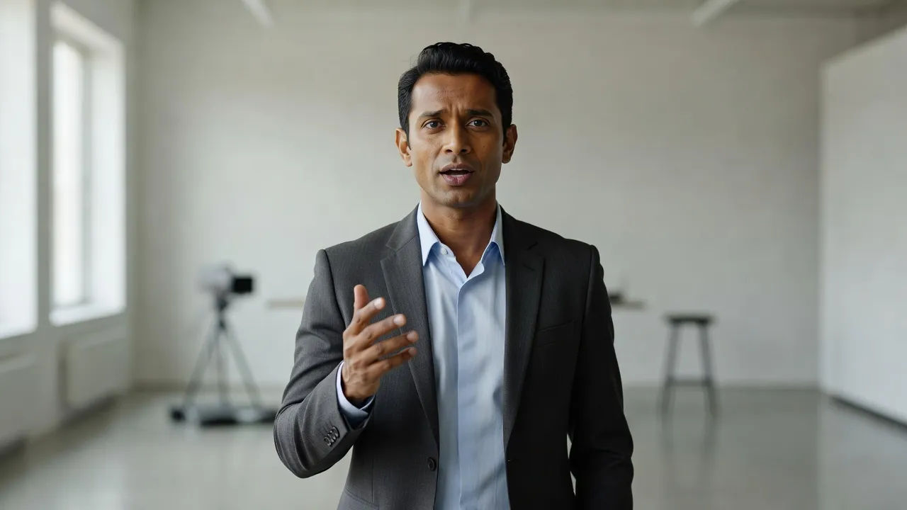 Presenter delivering a Bengali line to camera in a bright studio