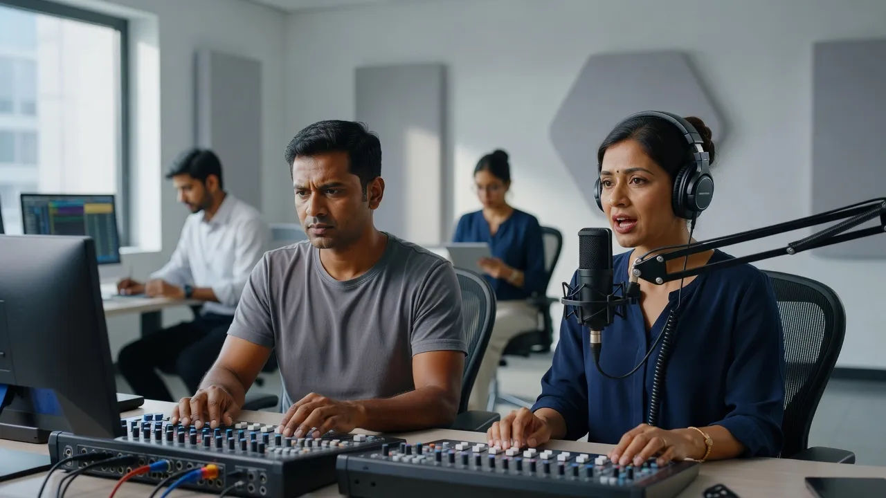 Localization team recording Bengali dubbing for a lesson video