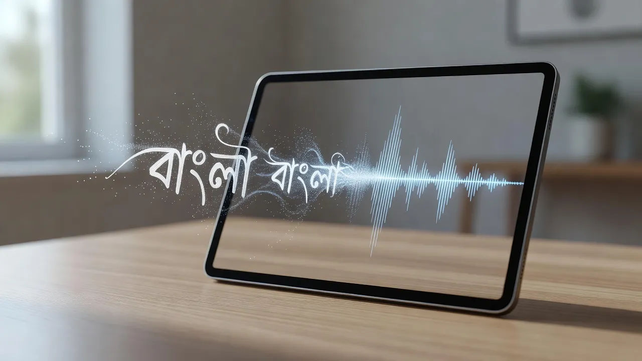 Bengali script turning into a voiceover waveform on a tablet