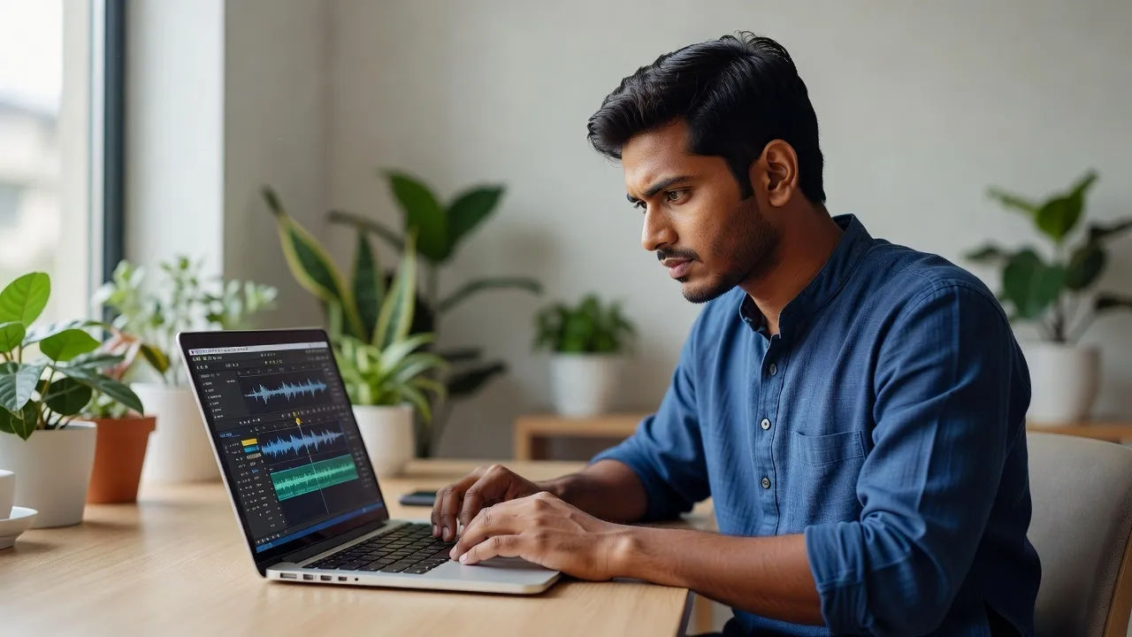 Editing a Bengali voice prompt on a laptop for a localized campaign