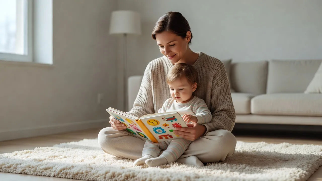 Gentle adult reading a chunky board book to a toddler on a soft rug