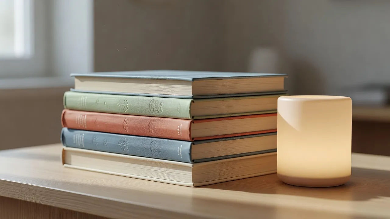 Row of thick board books stacked beside a soft nightlight