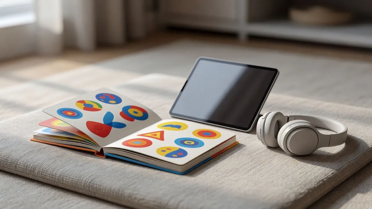 Open board book on a play mat next to a tablet and small headphones
